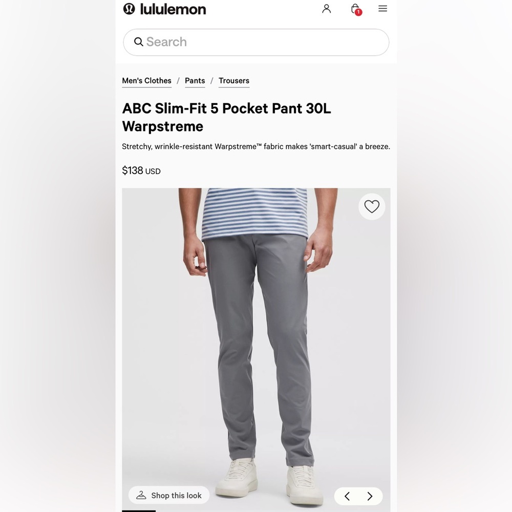 Lululemon ABC Slim-Fit 5 Pocket Pant 30L Warpstreme Gray Size 35 Men